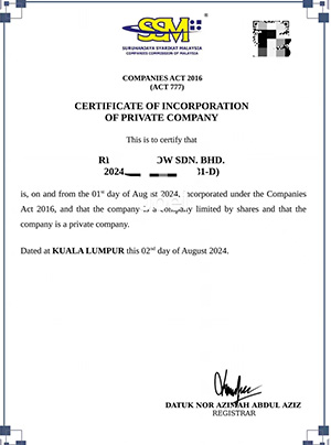 马来西亚公司注册证书样本，展示成功注册案例
